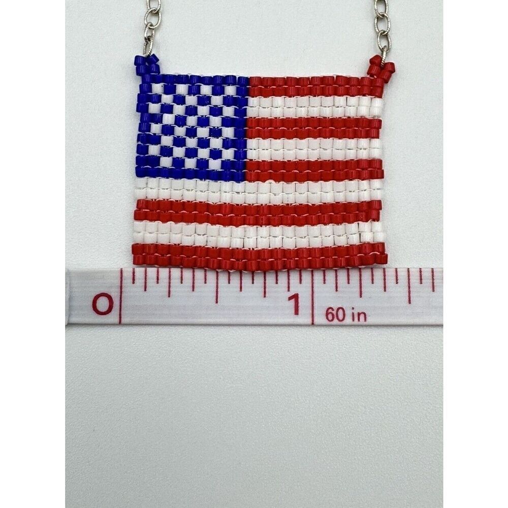 Patriotic Sterling Silver Seed Bead American Flag Necklace Red White Blue 16” - Picture 8 of 9